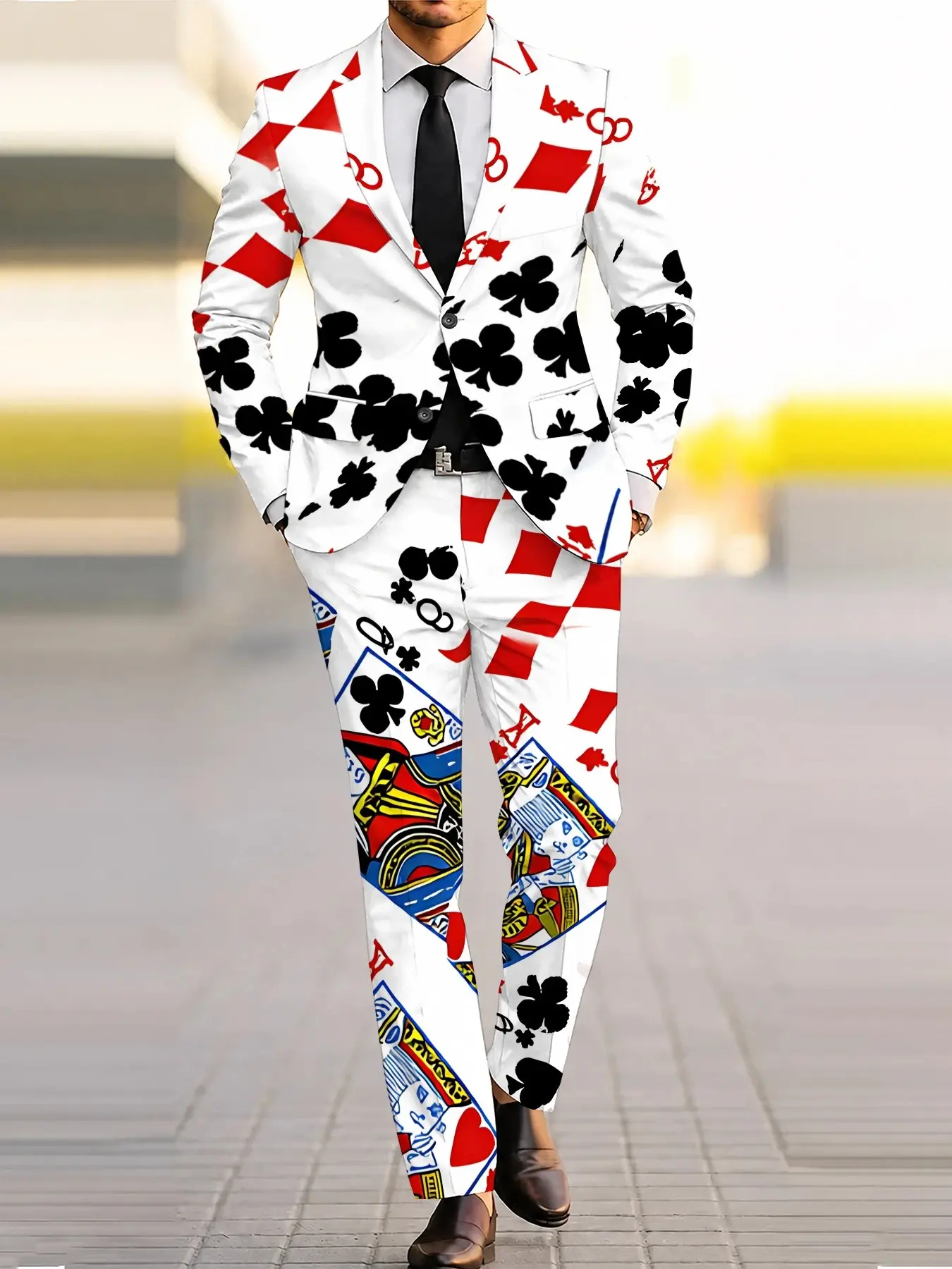 Men's personality playing card print suit set, jacket and trousers two-piece, perfect for parties and Halloween-themed outfits, available in various sizes