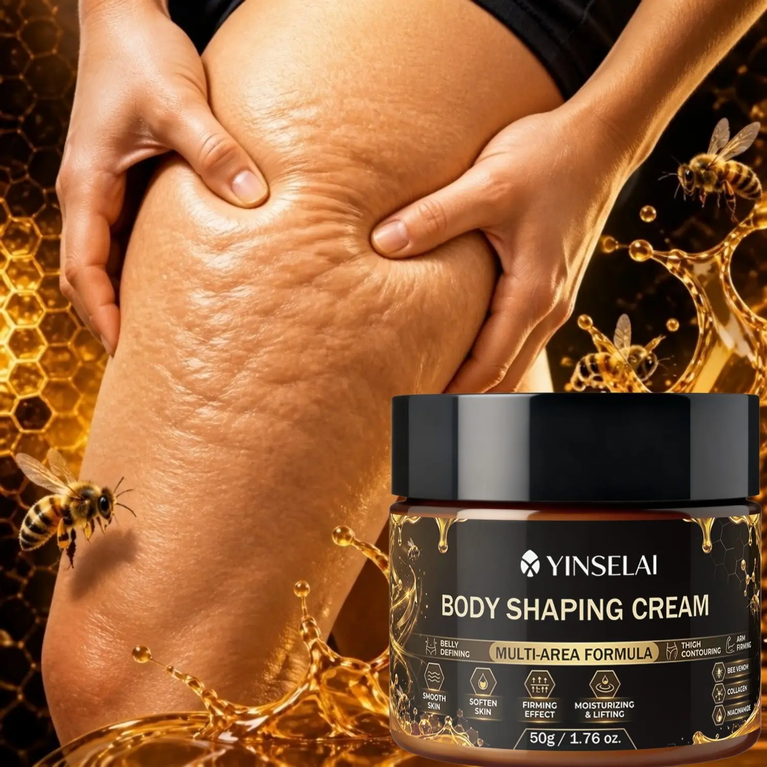 Body Shaping Cream, Multi‑area skin firming care for belly, thighs and arms, Creates defined, contoured and smoother‑looking skin appearance, Infused with bee venom, collagen & niacinamide, Daily moisturizing body skincare cream for women