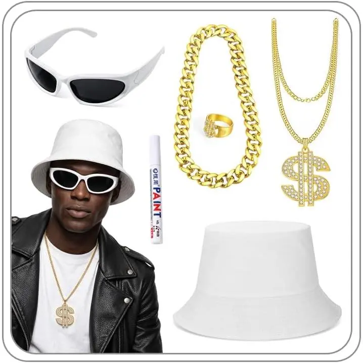 6pcs 80s 90s Hip Hop Costumes Kit Rapper Accessories Outfit for Men| Big Fake Gold Chain,Dollar Sign Chain,Fake Gold Ring,Sunglasses,White Bucket Hat,Adults Halloween Party