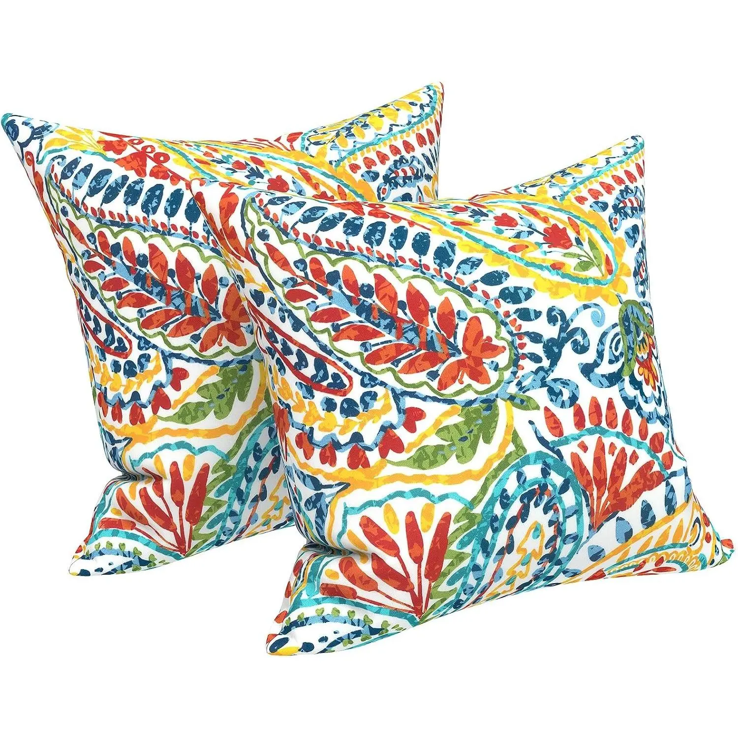 2 Pack Outdoor Pillow Covers ONLY 18x18 Inch, Water-Repellent Square Decorative Cushion Covers for Patio Furniture, Garden, Sofa, Paisley Multi, Two Piece Set, Patio Cushion Covers