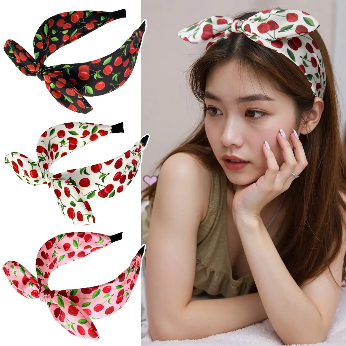 Bunny Ear Headband for Women with Cherry Print - Soft Fabric Wide Bow Accessory for Everyday Wear, Vacation, and Photoshoots, Fashion Accessory, Wide Headbands, Cute, Female, Daily Wear, Plastic, Bow Accent, Stainless Steel
