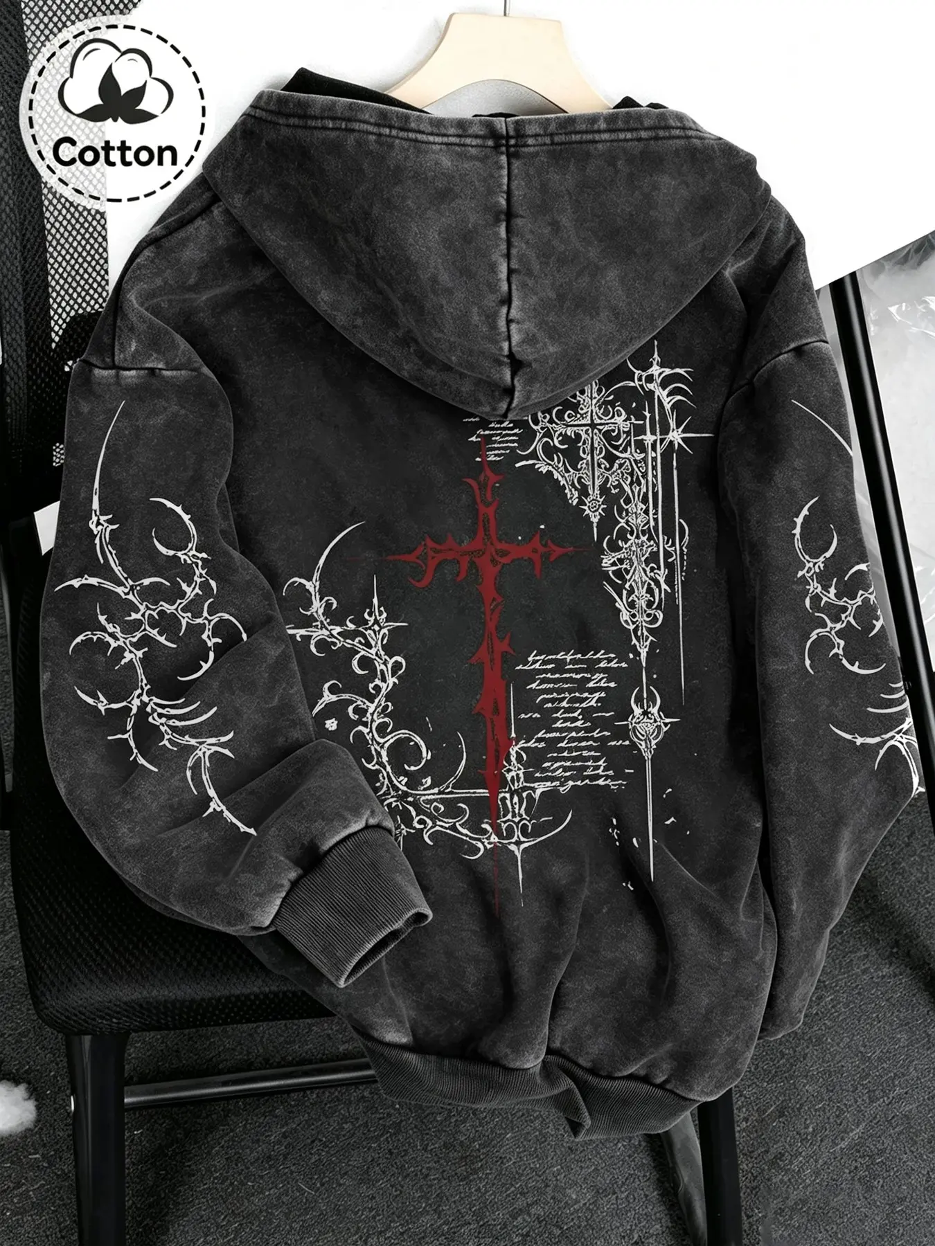 Men's Hooded Sweatshirt with Pockets, Vintage Cotton Cross Print, Gothic Punk Style, Spring Fall Winter Wear, Fitted Long Sleeves