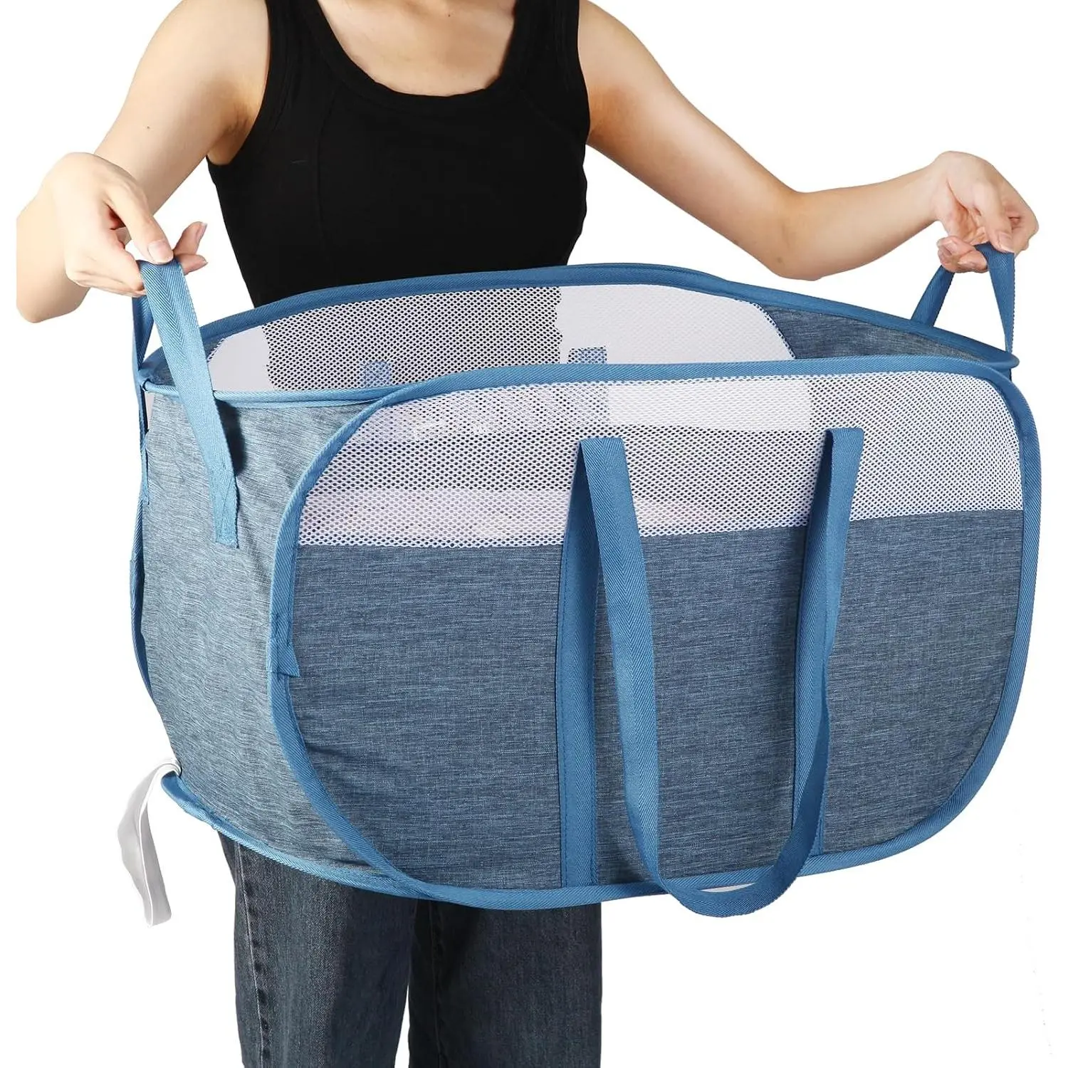 Collapsible Tear Proof Pop Up Laundry Hamper with Dual Handles Durable Foldable Easy to Carry for Home Laundry Room Bedroom Dorm Travel Blue