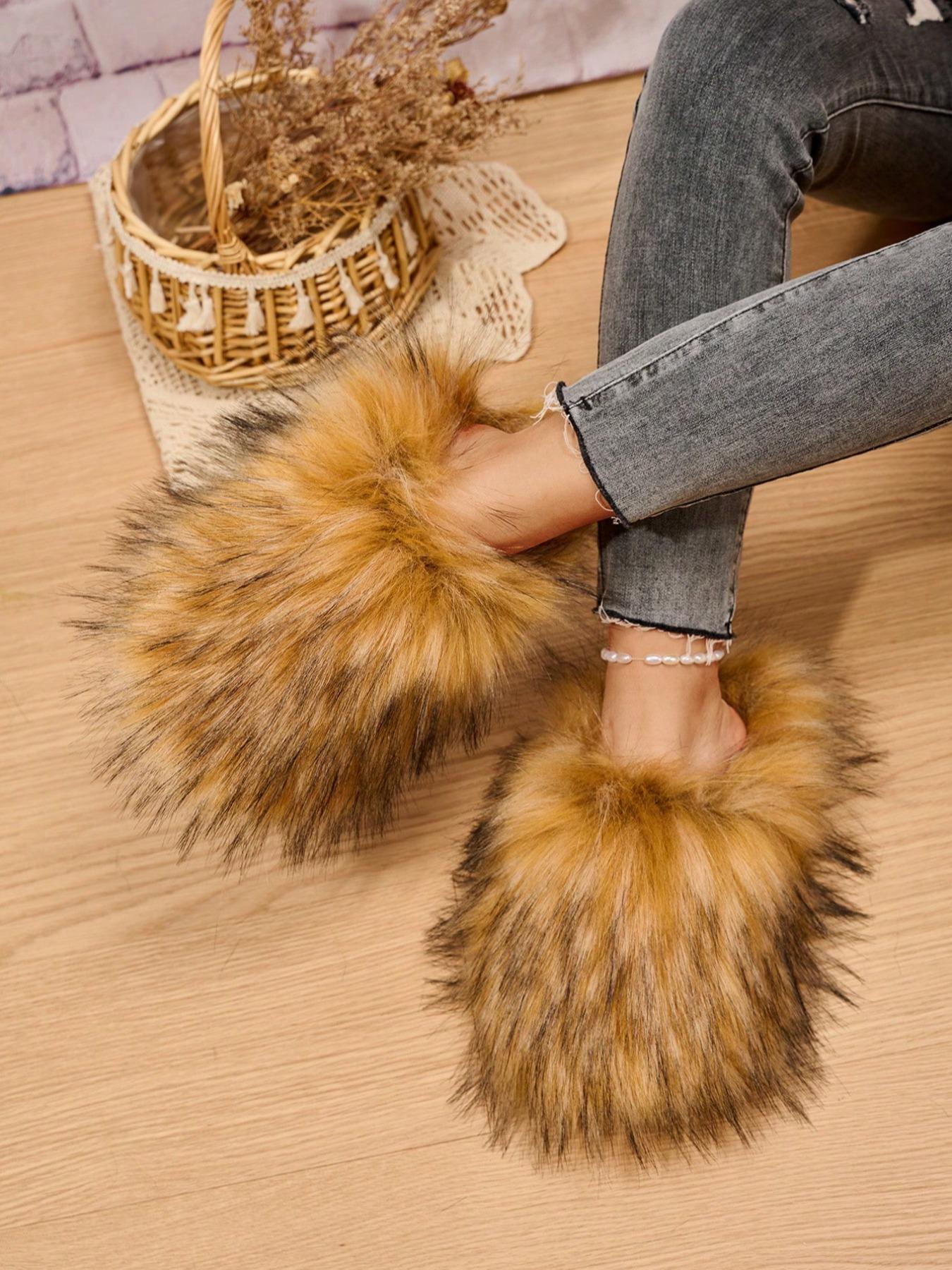 Women's Fashionable Minimalist Fluffy Slide Slippers, Soft Plush Faux Slippers, Fuzzy Warm Slippers, Warm & Cozy Bedroom Slippers for Fall & Winter, Fluffy Home Slippers