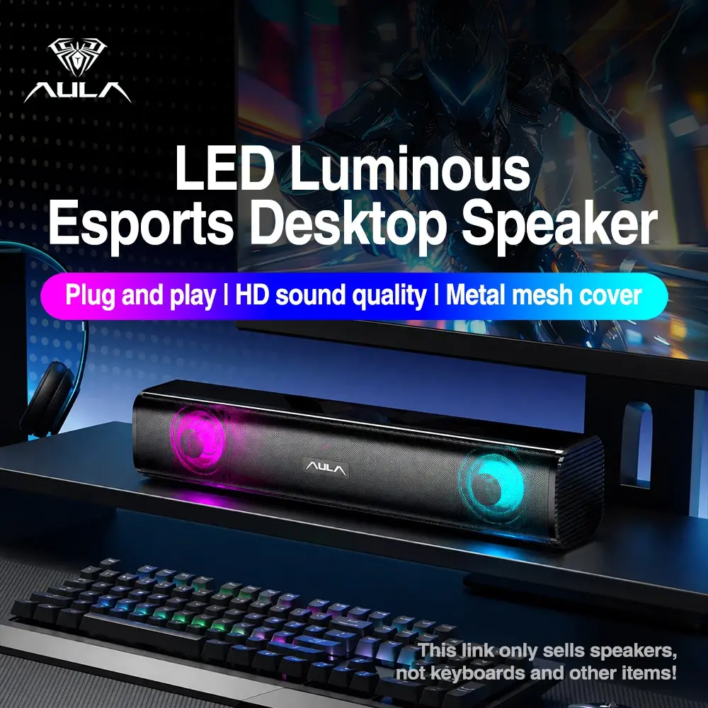 Aula N-170 Wired Desktop Audio Speaker, Computer Speaker, Plug-And-Play, Compact Mini Long Strip Design, Colorful LED Lights, HD Surround Sound, Compatible with PC, Phone, Smart TV