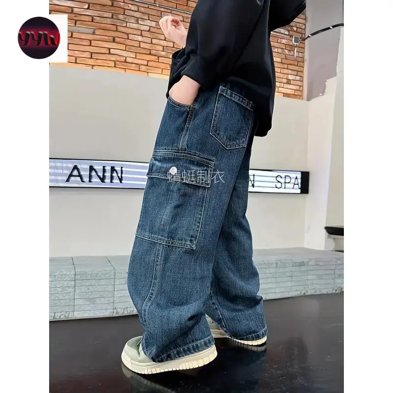 YYW1 NewBoys' Loose-Fit Lightning Bolt & Dance Cargo Jeans - Stylish Straight-Leg with Elastic Waist, Durable & Comfortable All Seasons, Ideal Skateboarding & Casual Wear