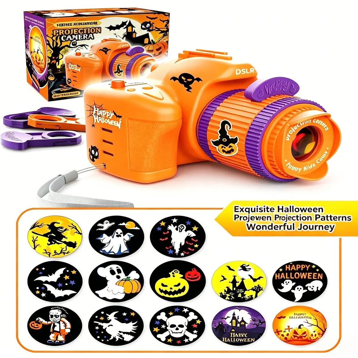 Kids Halloween Projection Camera Toy with 12 Spooky Slide Discs, LED Light Projector Flashlight, Halloween Pumpkin Ghost Witch Pattern Projector, Indoor Outdoor Halloween Decor & Kids Educational Party Toy