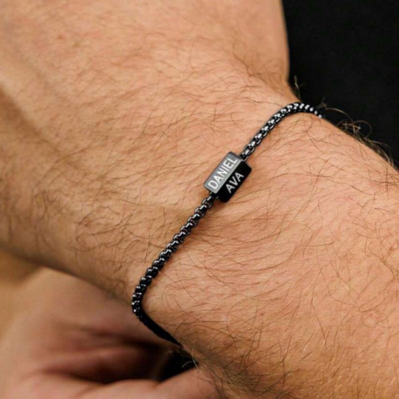 A personalized stainless steel square pendant bracelet for men with custom name engraving, a multi-name engraving bracelet with personalized engraving on 1-4 sides, a stainless steel square pendant bracelet with personalized engraving on 1-4 sides, a Fath