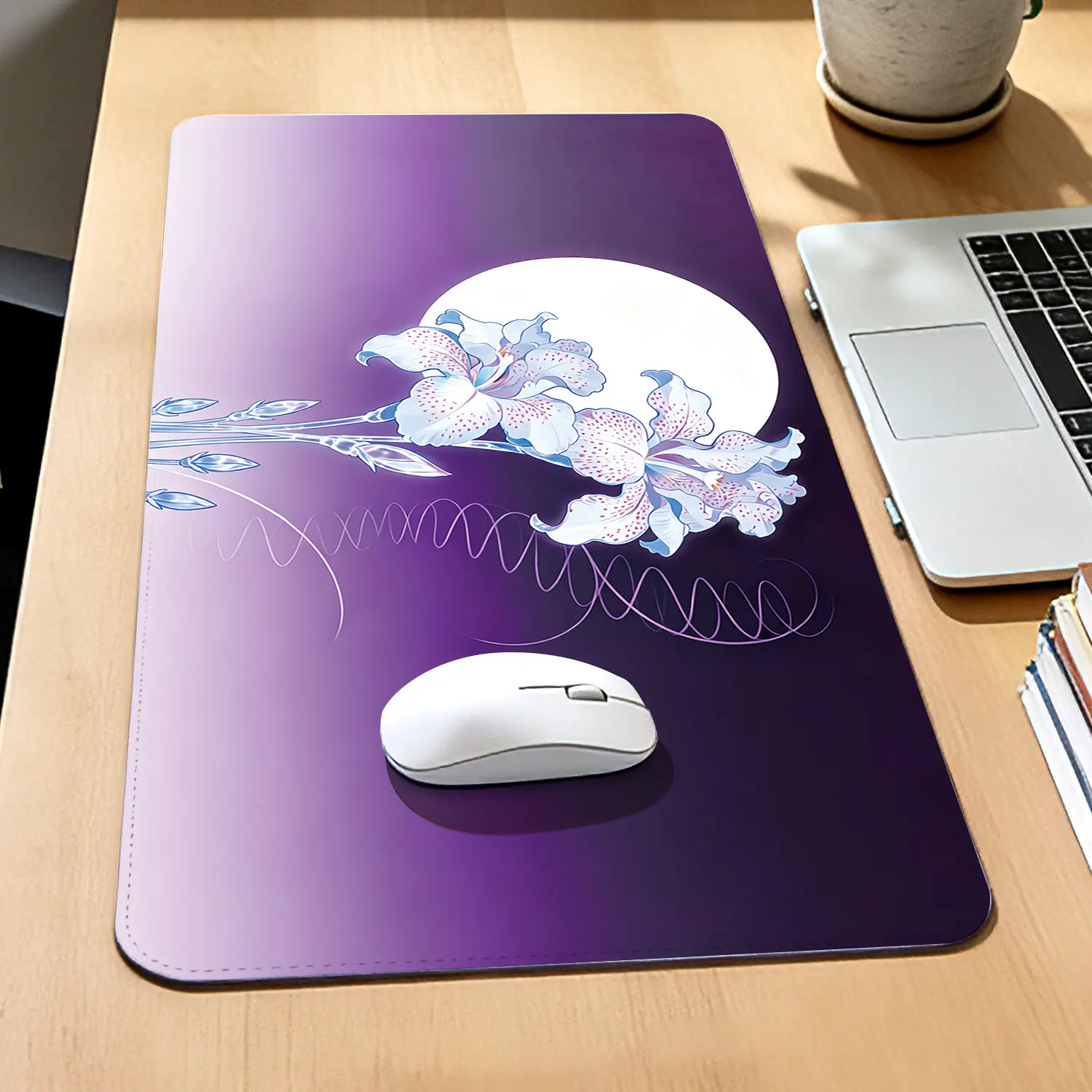 Premium White Lilies Under Full Moon Illustration High Quality Mouse PadModern Office Gaming Comfort ExperienceNon?Slip Durable For Daily Work And Play 40*80cm 40*90cm30*70cm