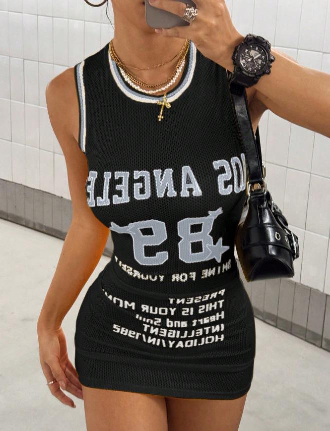 Outdoor trendy sporty color-block printed bodycon tank top short dress