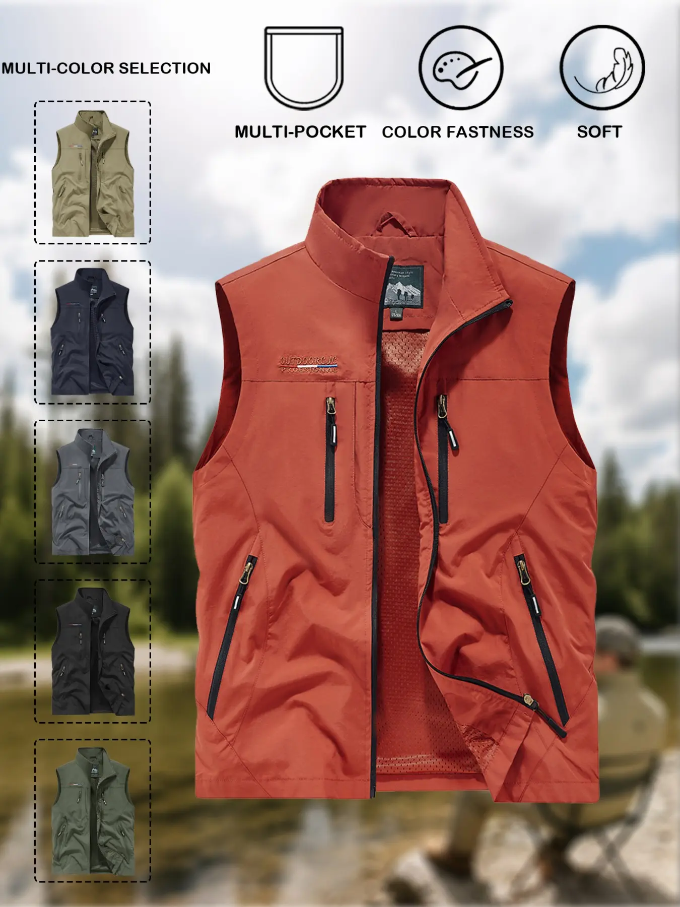 Men's Summer Fishing Vest Gilet, 100% Nylon, 6 Pockets, Zippered Pockets, Lightweight Breathable, Casual Outdoor Gear, Multiple Colors Available