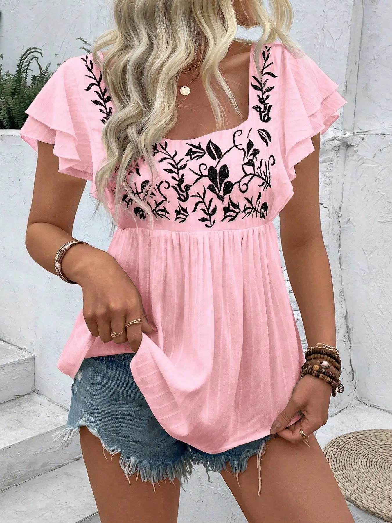 Women's Feminine Bohemian Floral Embroidered Shirt Blouse Top, Square Neck Design, Ruffled Decoration, Short Sleeve, Summer Casual Wear, Vacation, Boho, Vibe