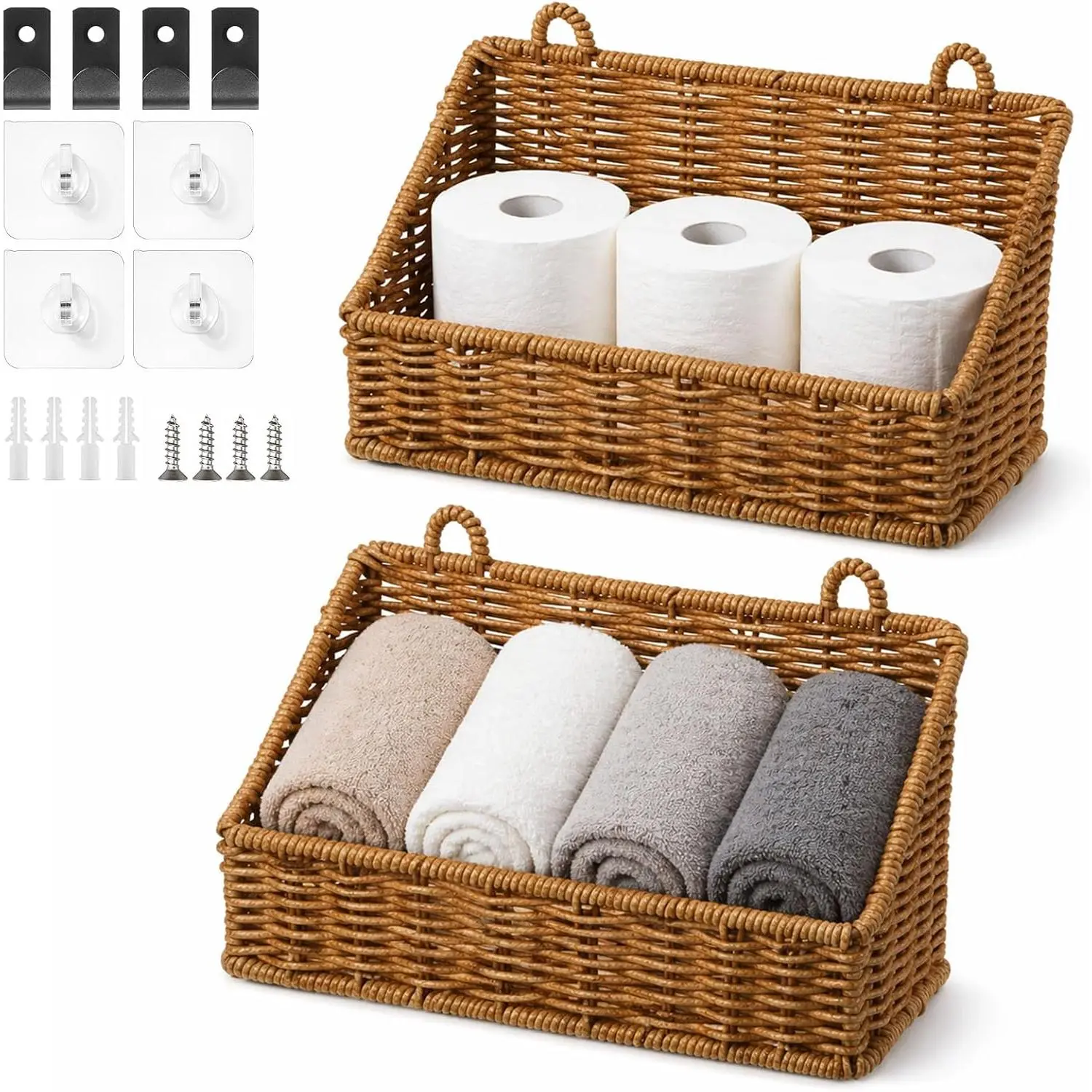 2 Pcs Wicker Hanging Basket, Woven Plastic Hanging Baskets, Plastic Woven Basket with 8 Hooks, Boho Style Wall Mount Storage Baskets for Kitchen, Bathroom, Counter, Cabinet Door