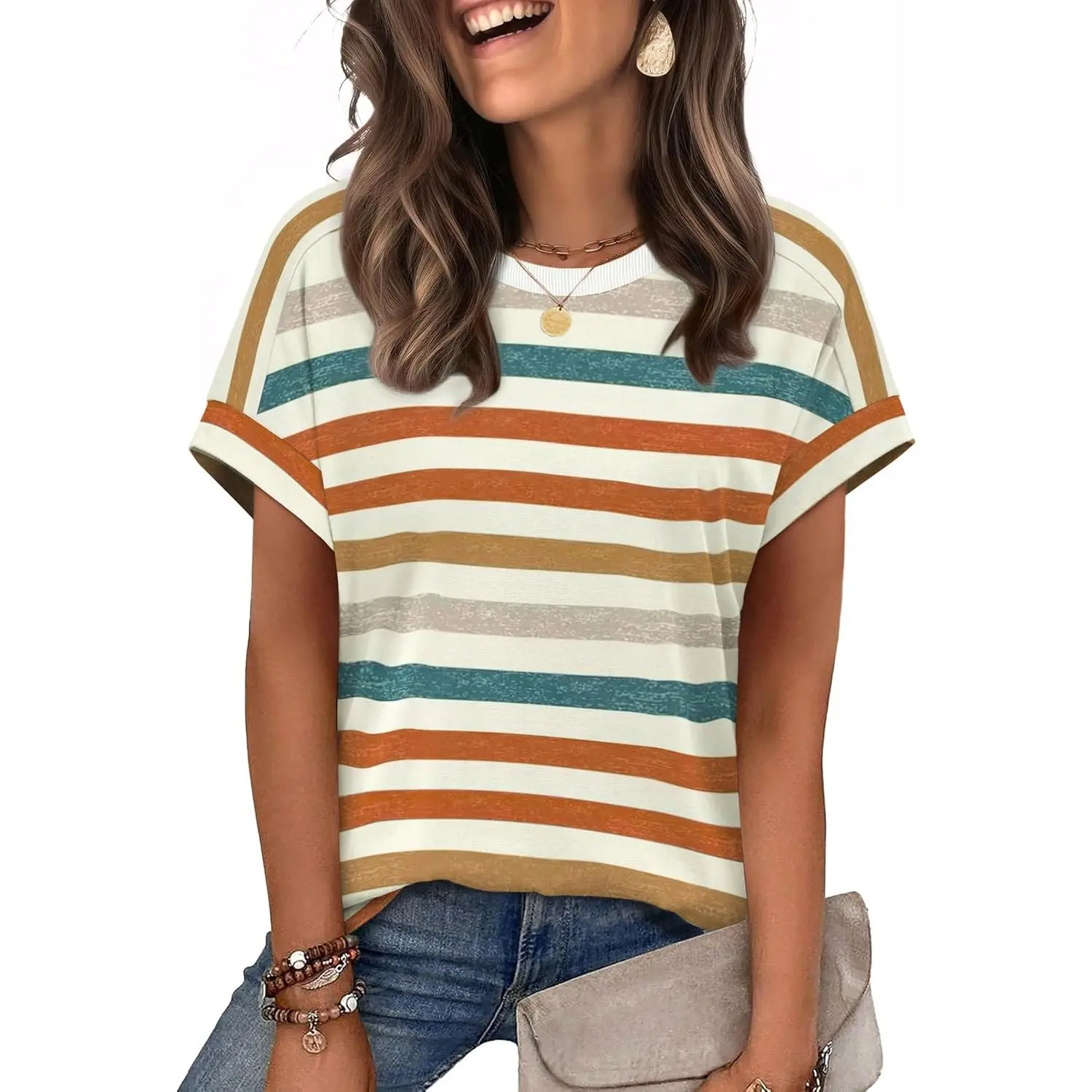 Women's Crew Neck T-Shirt, Casual Cap Sleeve Top in Soft Polyester Elastane Fabric, Loose Fit for Breezy All-Day Wear, Basic