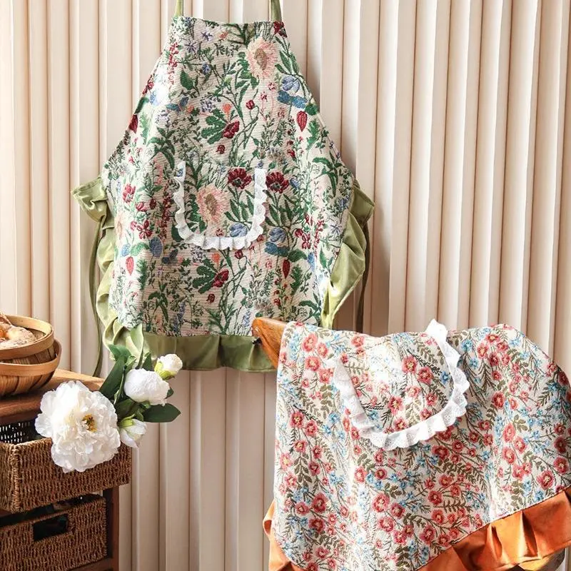 Vintage Floral Jacquard Kitchen Apron With Lace Ruffle Pocket Sleeveless Cooking Apron For Women Home Baking Gardening Cleaning