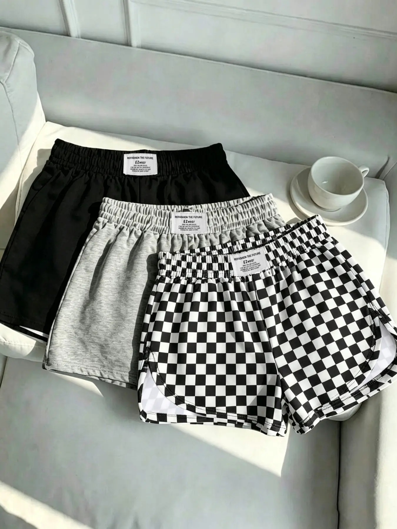 3-Pack Women's Casual Loose Shorts, Elastic Waist, Plain Surface, Sporty Style, All Seasons, Summer Plaid & Solid Colors