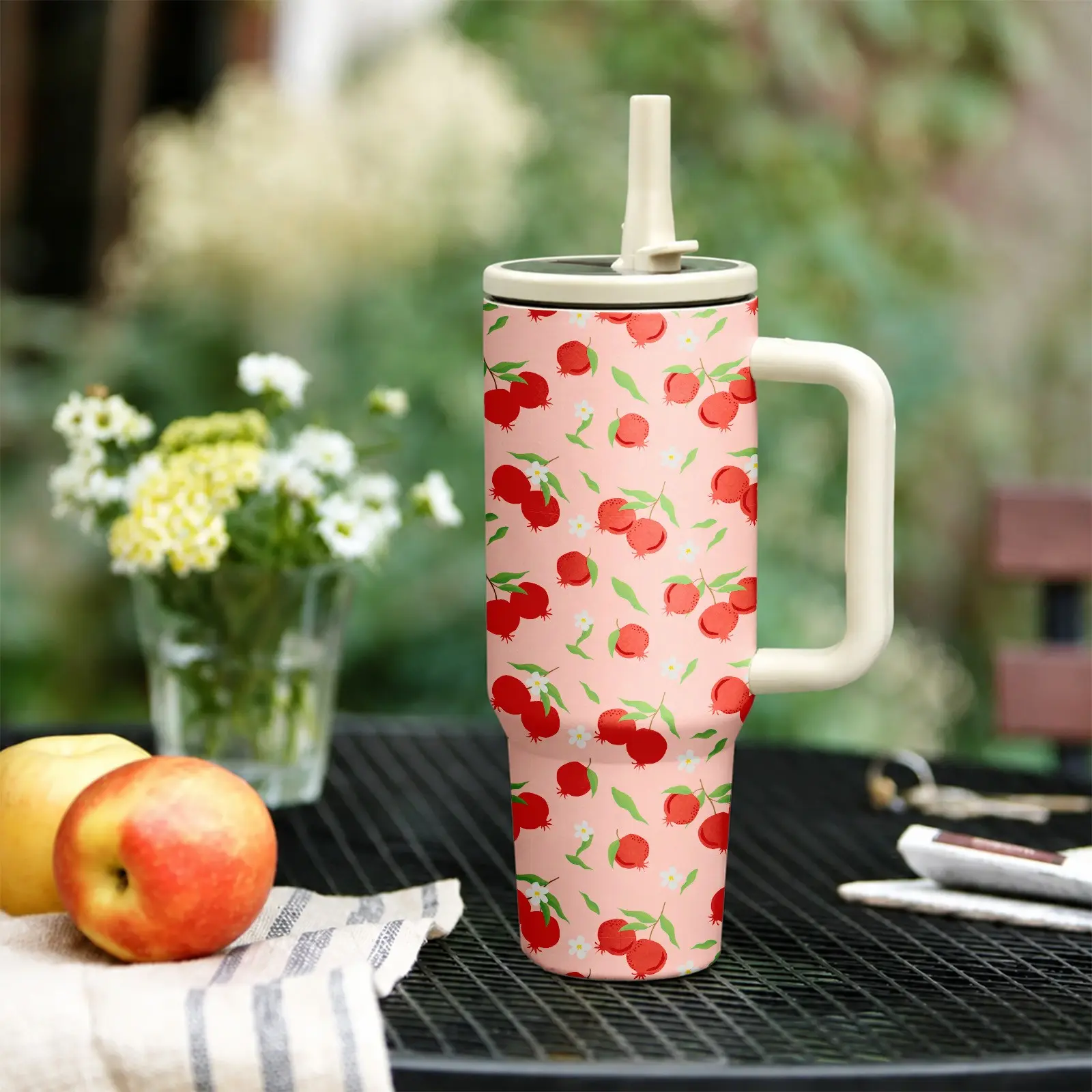 1PC Pomegranate Garden 40oz Tumbler with Handle and Straw, Pink Pomegranate Floral Pattern Insulated Cup, Cute Summer Aesthetic Water Bottle for Women, Perfect for Office, Travel, Gym, Iced Coffee and Daily Hydration, Leak Resistant Gift Cup