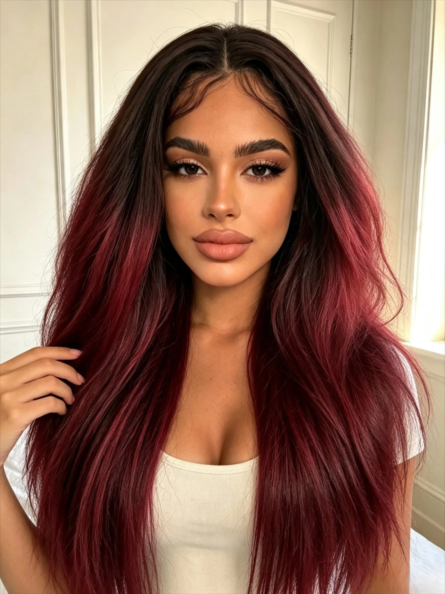 Ombre Burgundy Kinky Straight Lace Front Wigs for Women 13x4 Yaki Straight Hd Lace Frontal Wig Glueless Pre Plucked with Baby Hair Brazilian Ombre Black Yaki Straight Lace Front Wigs for Women Daily Natural Wig High Density