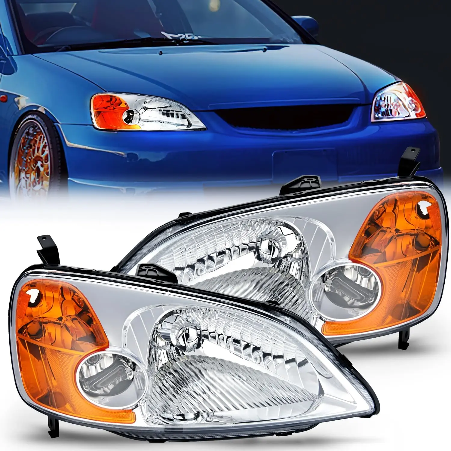 Nilight Headlight Assembly Compatible with 2001 2002 2003 Honda Civic Headlamps Replacement Chrome Housing Amber Reflector Upgraded Clear Lens Driver and Passenger Side, Car Headlights