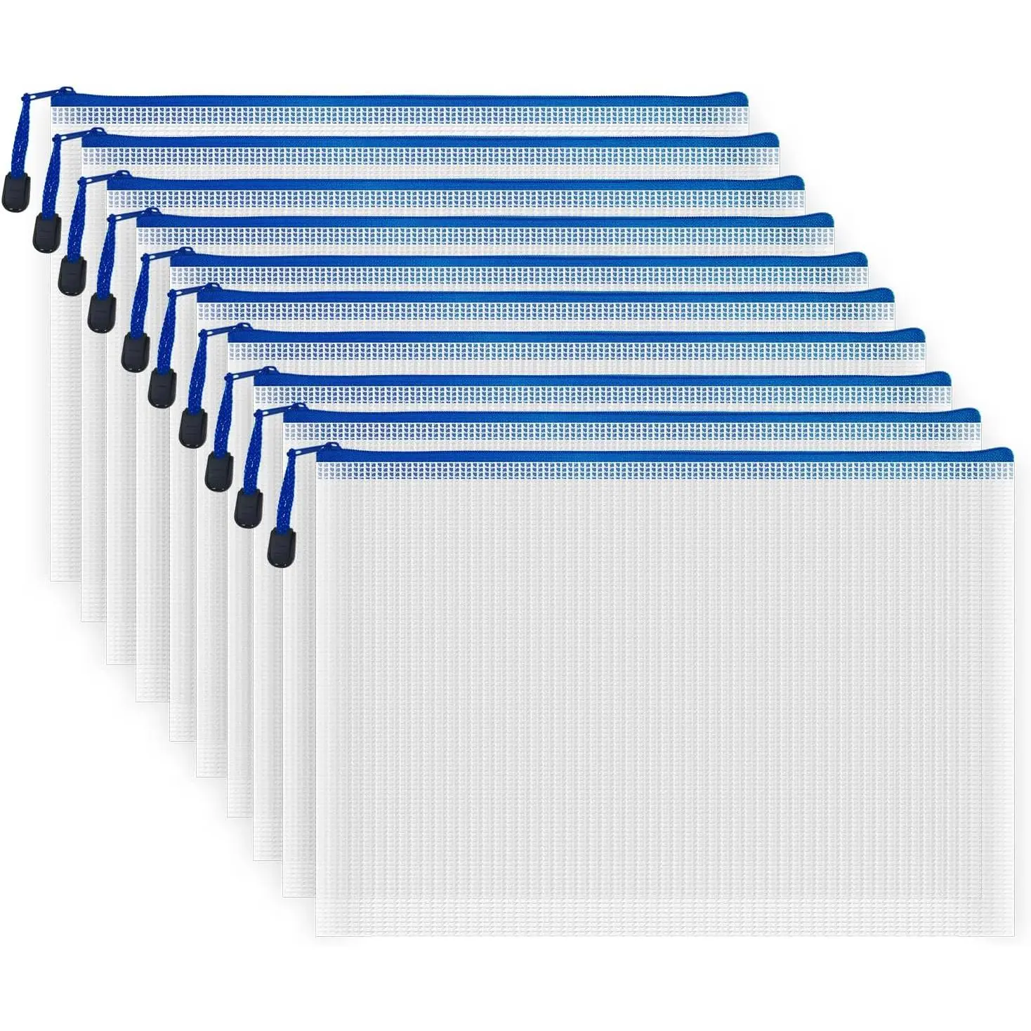 10 Pcs PVC Plastic Mesh Zipper File Bags, Waterproof Mesh-Textured Pouches for Office & Home Document Storage, Daily Use A4 Size (13.4''x9.4'') White & Blue Office Filing Supplies