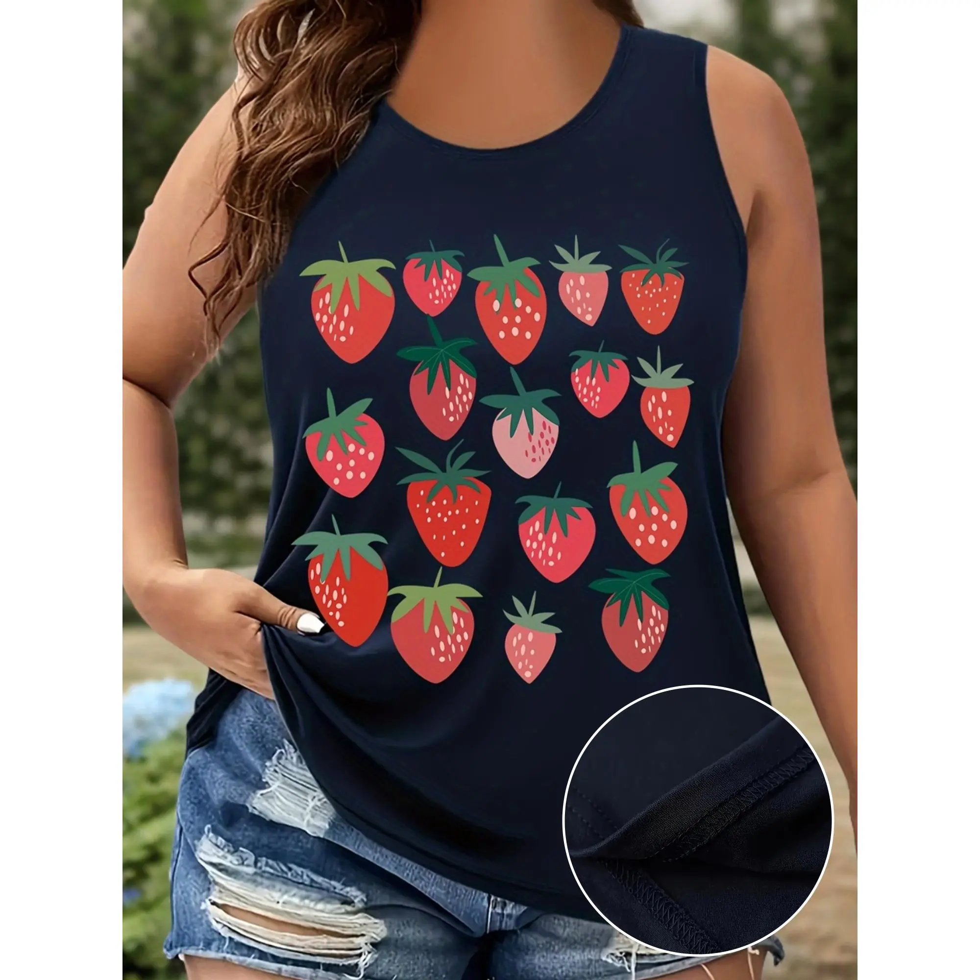 Plus Size Vest Top, Casual Sleeveless Crew Neck Tank with Strawberry Alphabet Graphic, Micro Elastic Knit Fabric for Summer, Polyester, Tops, Women