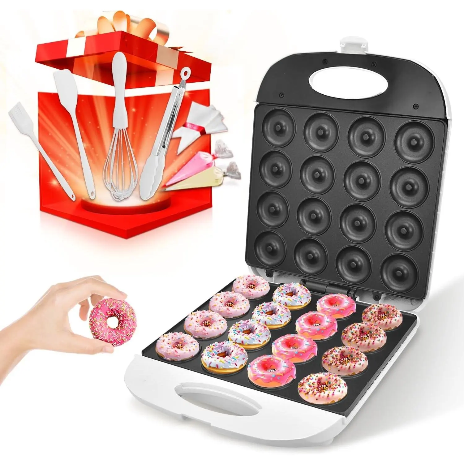 All in One 2 Inch Mini Donut Maker, Non-Stick, Cool Touch, Electric Doughnut Machine for 16 Snacks & Desserts, Perfect for Birthday, Wedding, Baby Shower, Christmas, Party, Afternoon Tea