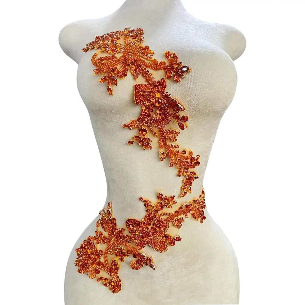 Handmade Rhinestones Bodice lace Applique handsewing Beads Sequins Trim Patches for Dress Clothes Accessories one Set/Bag 5.5X14inches (Orange)