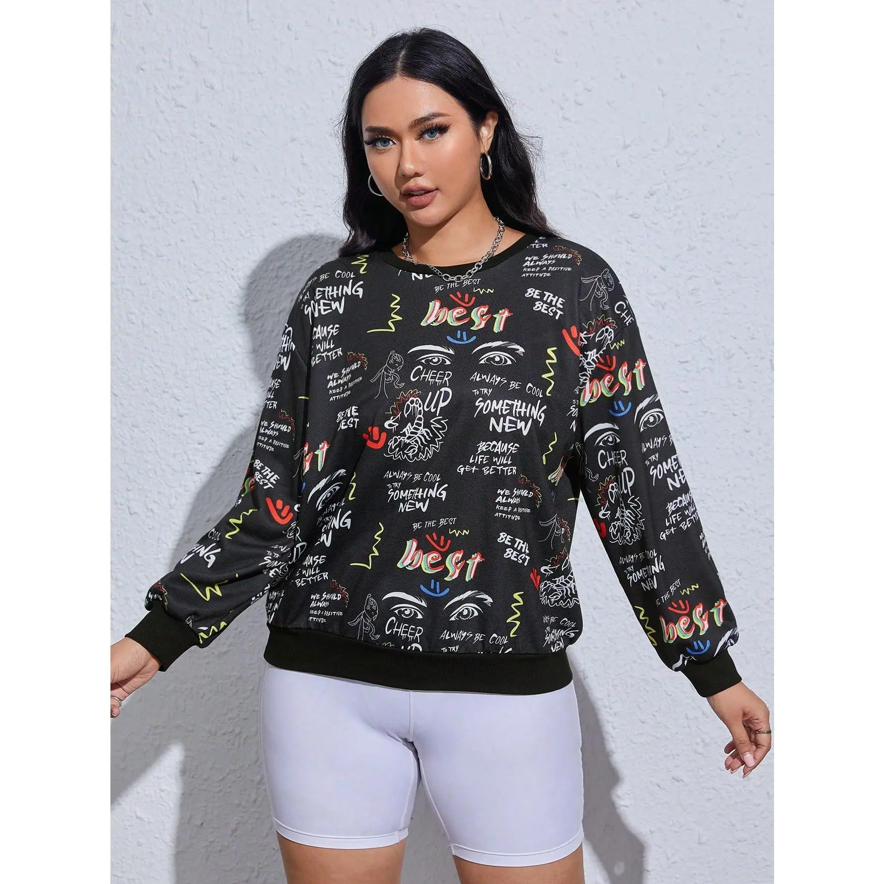 Women's Plus Size Comfortable Baggy Graffiti Long Sleeve Pull On Pullover Sweatshirt - Round Neck, Drop-Shoulder, Soft Fabric, Casual Graphic, Machine Washable, No Dry Clean, 3XL, 4XL (Graffiti Graphic Women's Pullover Sweatshirts)