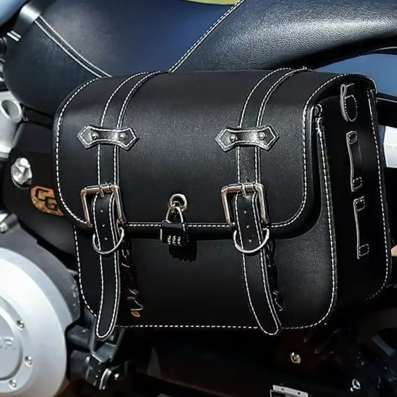 Vintage Motorcycle Side Bag, Waterproof Leather Saddle Pouch, Universal Electric Bike Mount, Large Capacity, with Water Bottle Holder