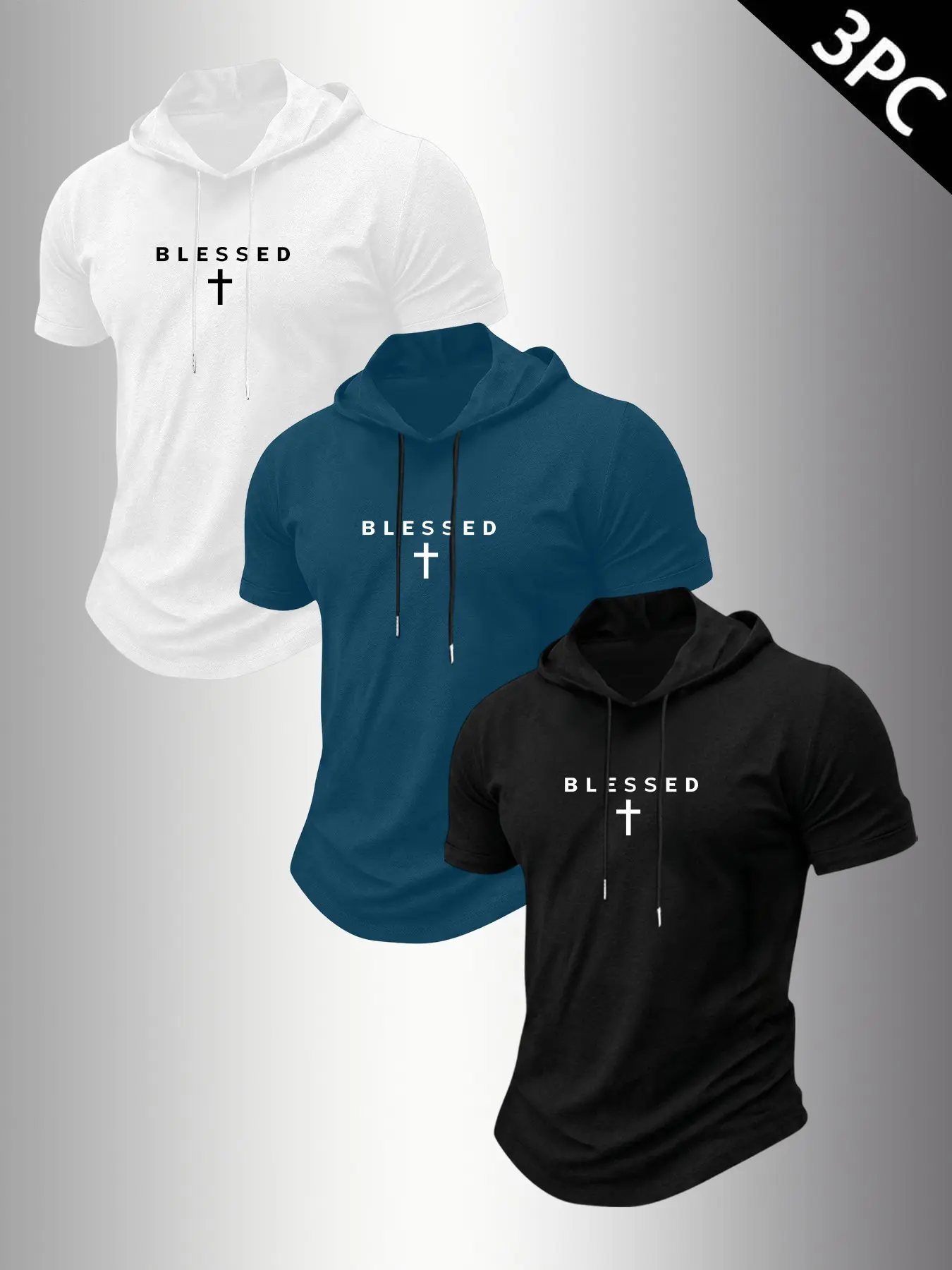 3 Pack Men's Short Sleeve Drawstring Hooded T-Shirts, BLESSED Cross Christian Faith Graphic Curved Hem Hood Tees Multipack, Breathable Religious Inspirational Daily Workout Casual Sports Tops, Athletic Hooded Shirts