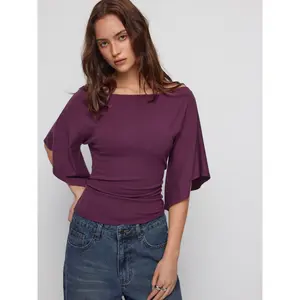 Cider Boat Neck Mid-length Bell Sleeve Ruched Tee Dealsforyou