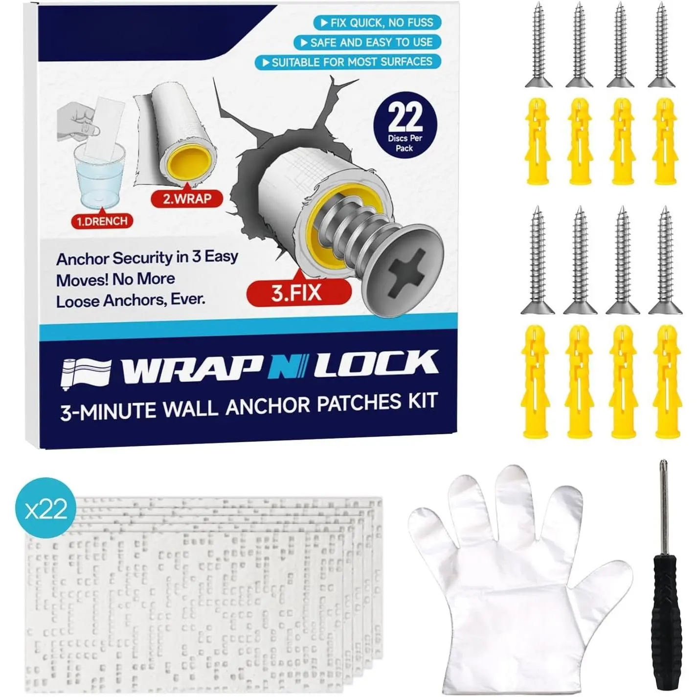 WRAPNLOCK Drywall Anchor Repair Kit -  Loose Anchor Fix | No Fill/Redrill. Includes 22 Patches, Screws, Anchors,  & Gloves.  For  Fittings.
