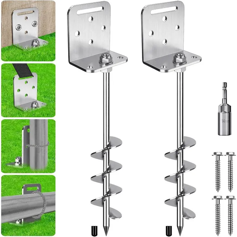 Heavy Duty Carbon Steel Multi-Size Spiral Ground Anchors with L Brackets, 2/4/6 Pack 18in/24in Anti-Rust Screw-In Earth Stakes for Trampoline Fixing, Outdoor Home Supplies