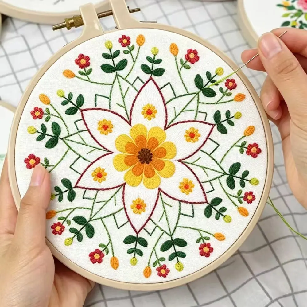 Sunflower Floral Mandala Embroidery DIY Art Kit, Beginner-Friendly Sewing Set, Includes Fabric, Hoop, Threads, Tools, Instructions