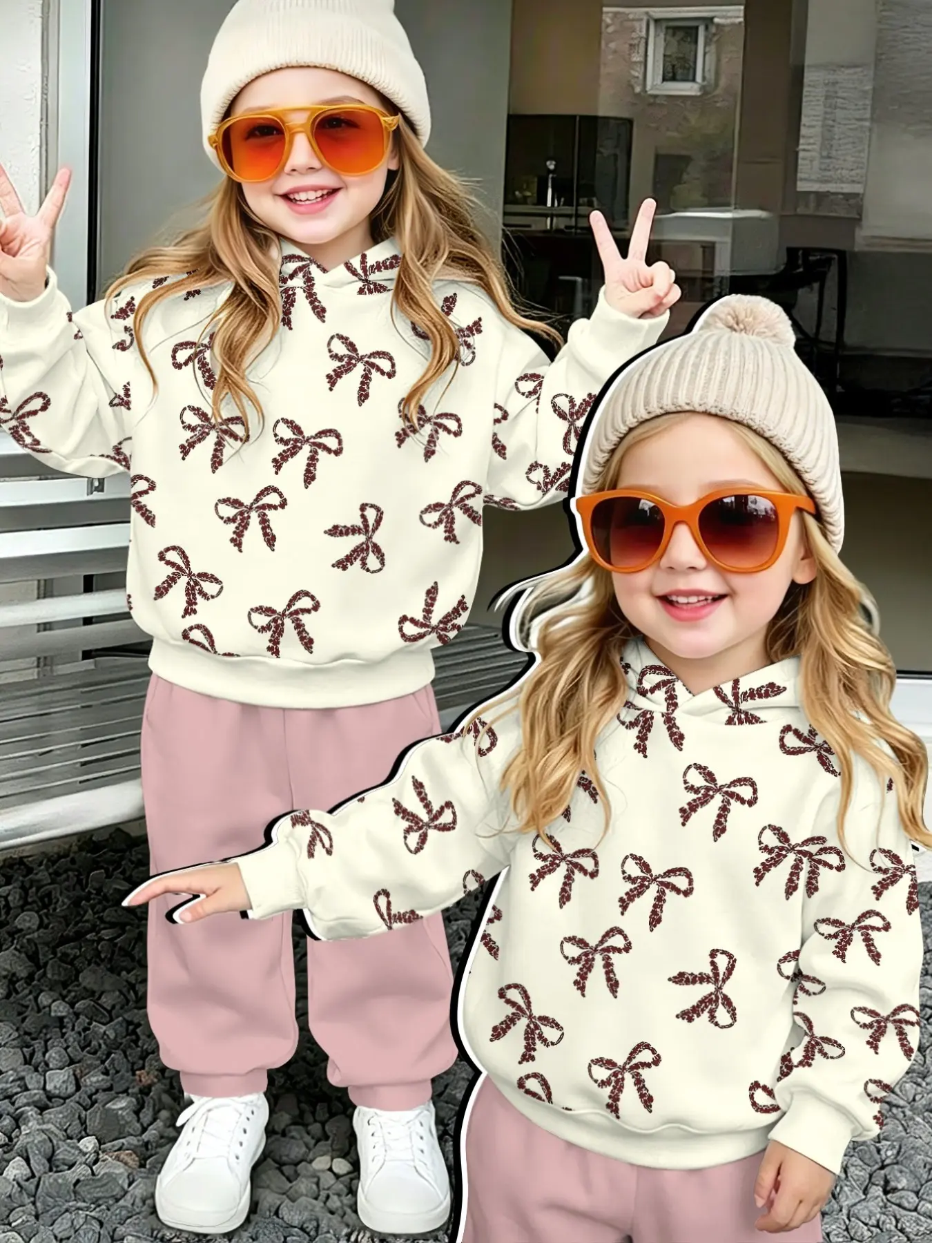 Girls' Vintage Elegant Hoodie Pants Set, Full Print Bow Solid Color Cuffed Pants, Daily Wear School, Hooded Sweatshirt Set