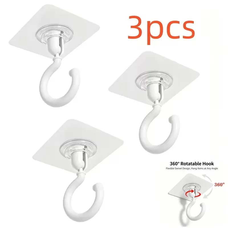 3-Pack 360° Rotating Self-Adhesive Hooks, No Drill Ceiling Hooks, Removable Wall Hooks, Multi-Purpose for Home, Kitchen, Bathroom, Bedroom, Garden
