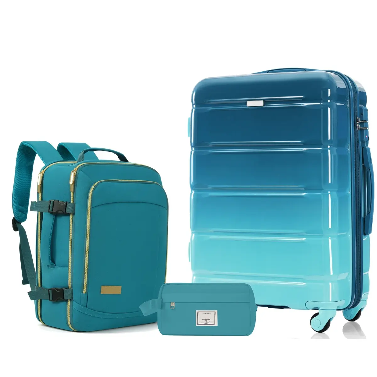 3-Piece Luggage Set, 24in Checked Suitcase with TSA Lock Travel Duffel Bag Wet-Dry Toiletry Bag, Hardside Luggage Sets, Lightweight Stripes Suitcase with Spinner Wheels, Blue