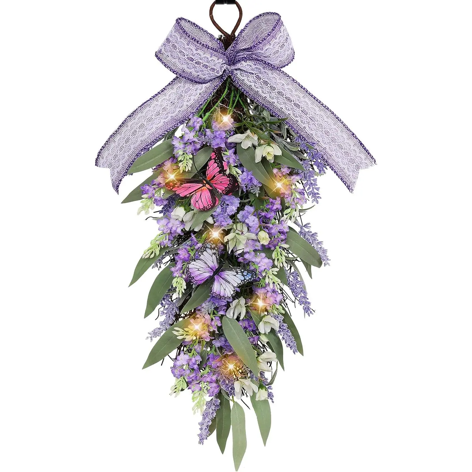 LED Teardrop Floral Wreath with Butterflies, Faux Lavender  Decor with Lights for