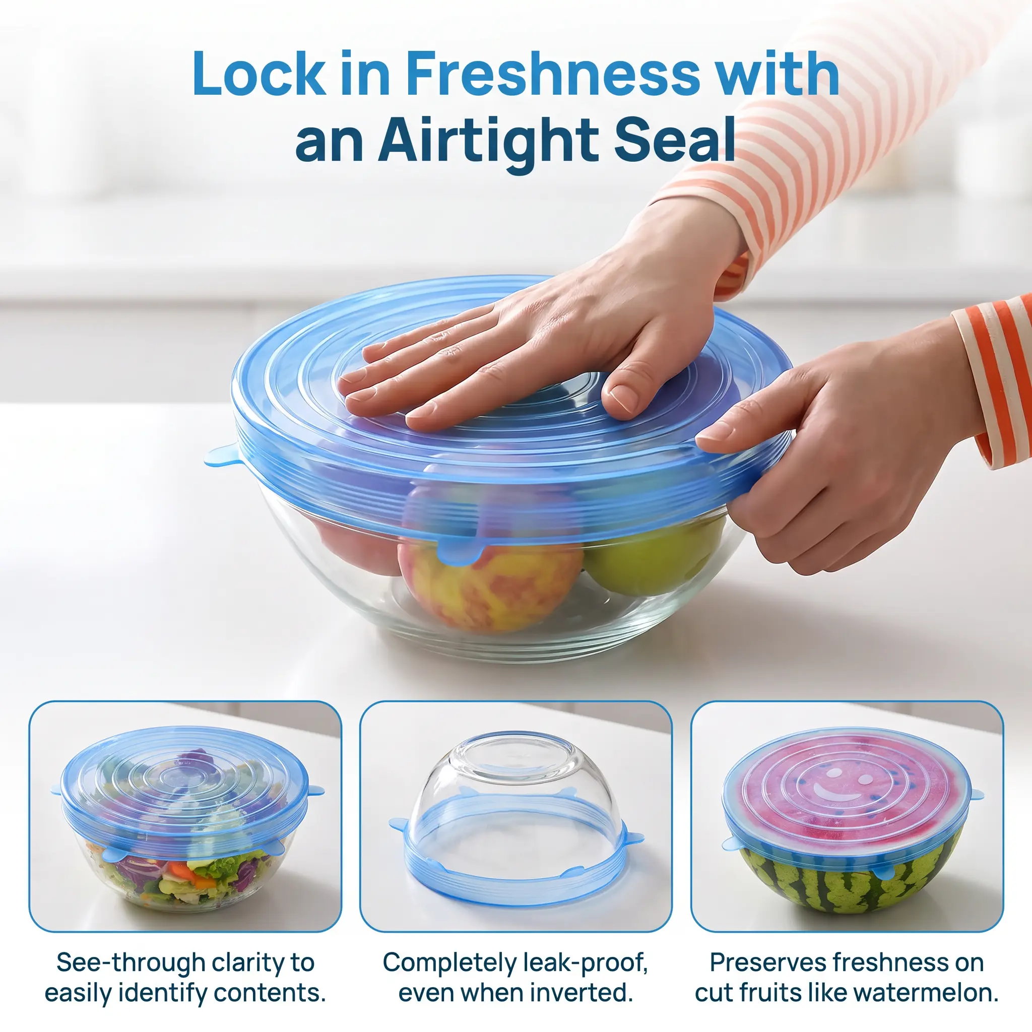 6 Pack Blue Reusable Stretch Silicone Lids, Flexible Airtight Container Covers, Multipurpose Food Storage Lids for Kitchen & Outdoor Camping Essentials