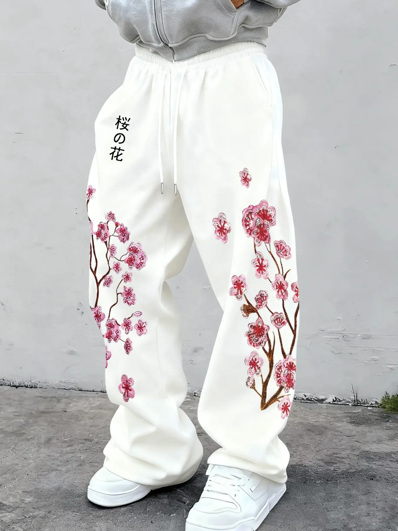 Men's Japanese Style Floral Cherry Blossom Print Loose Fit Straight Leg Sweatpants, Casual All-Season Streetwear, Trendy Drawstring Long Pants