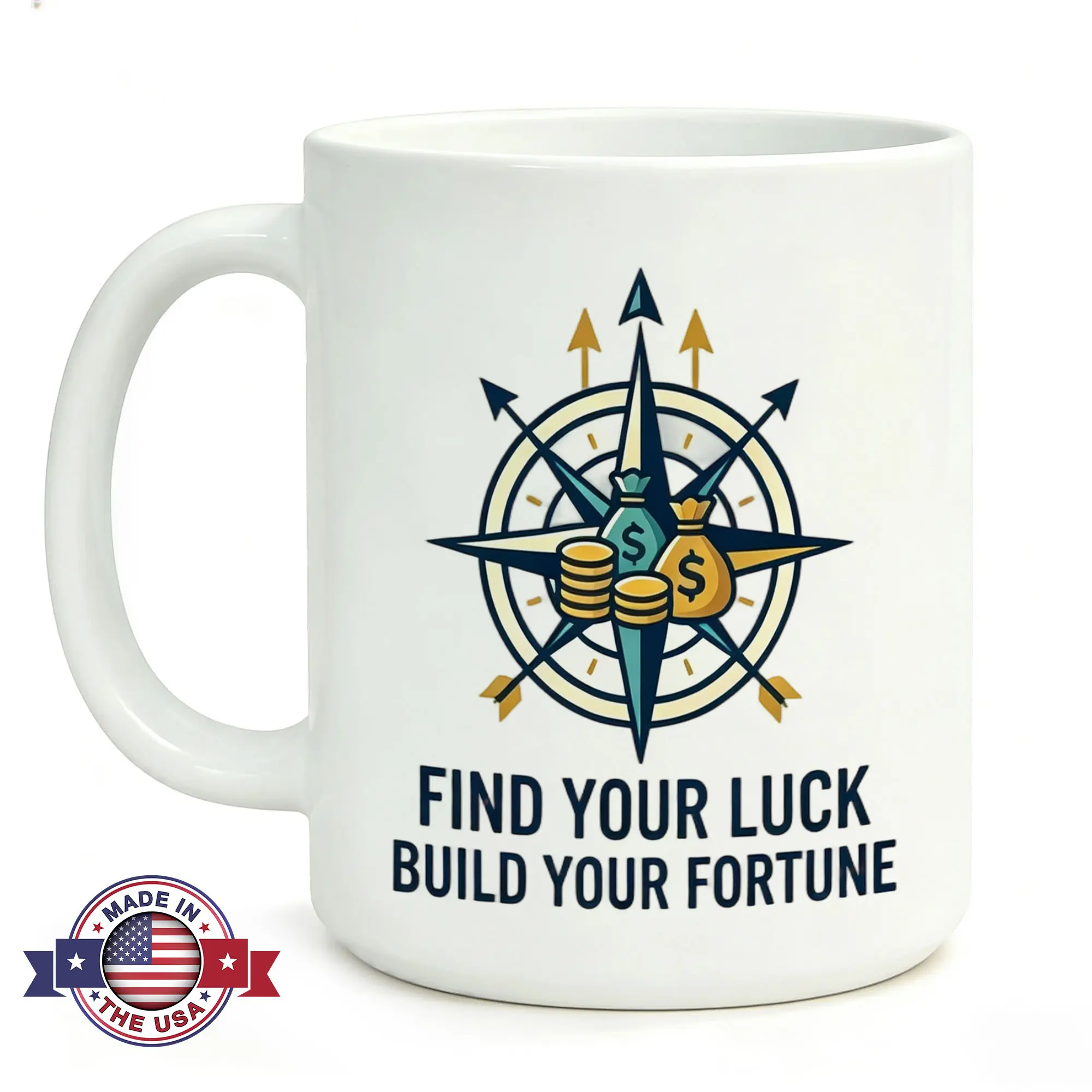 11oz Ceramic Motivational Hustle Coffee Mug - Modern, Heat Resistant Single Mug with Compass Design for Wealth Manifestation, Office Gift for Entrepreneurs