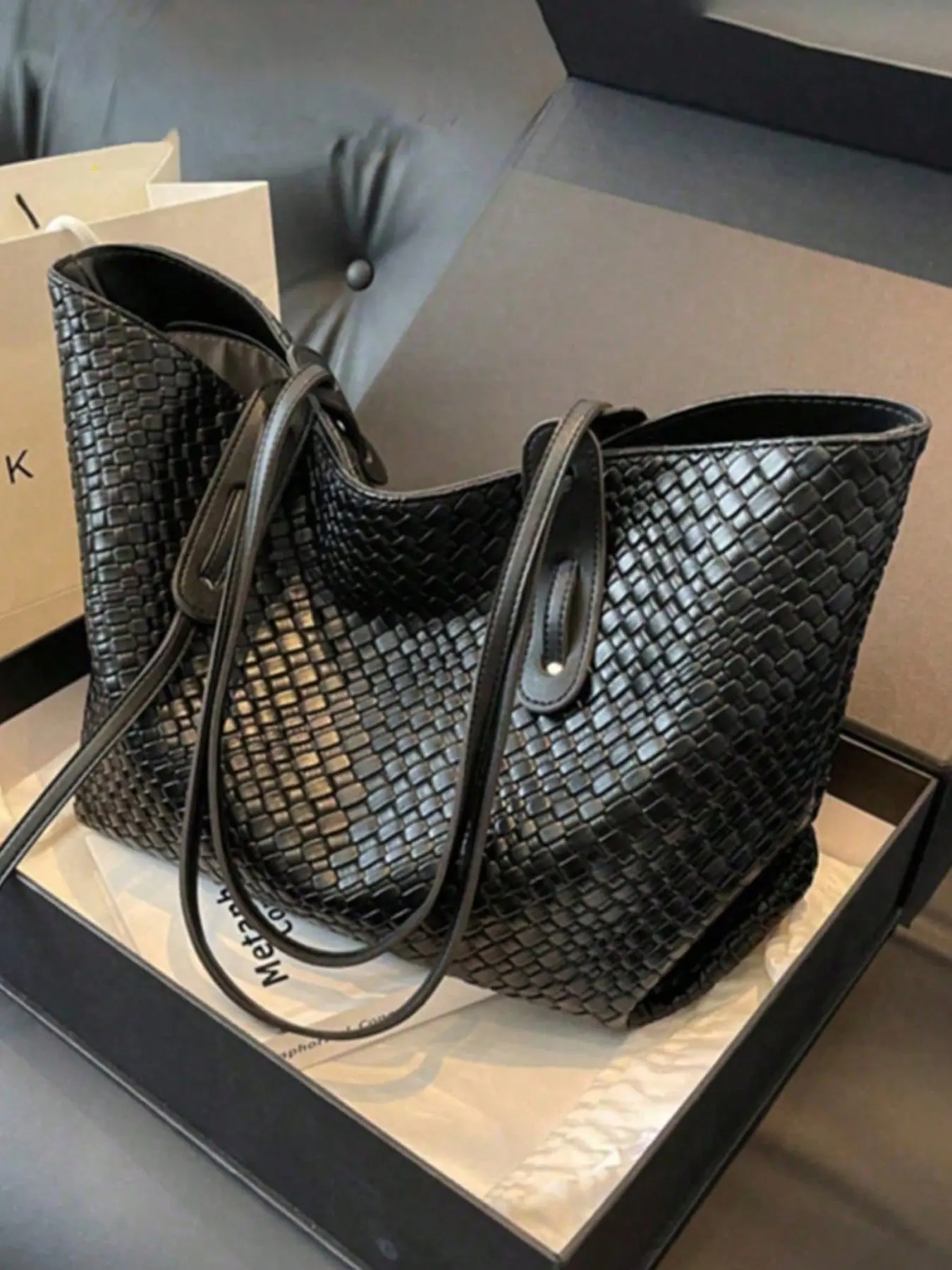 Minimalist Black Textured Woven PU Leather Versatile Tote Bag, Sturdy Thick Handles Casual Large Capacity Everyday Shoulder Bag Spacious Laptop Shoulder Purse Handbag for Women Office Daily