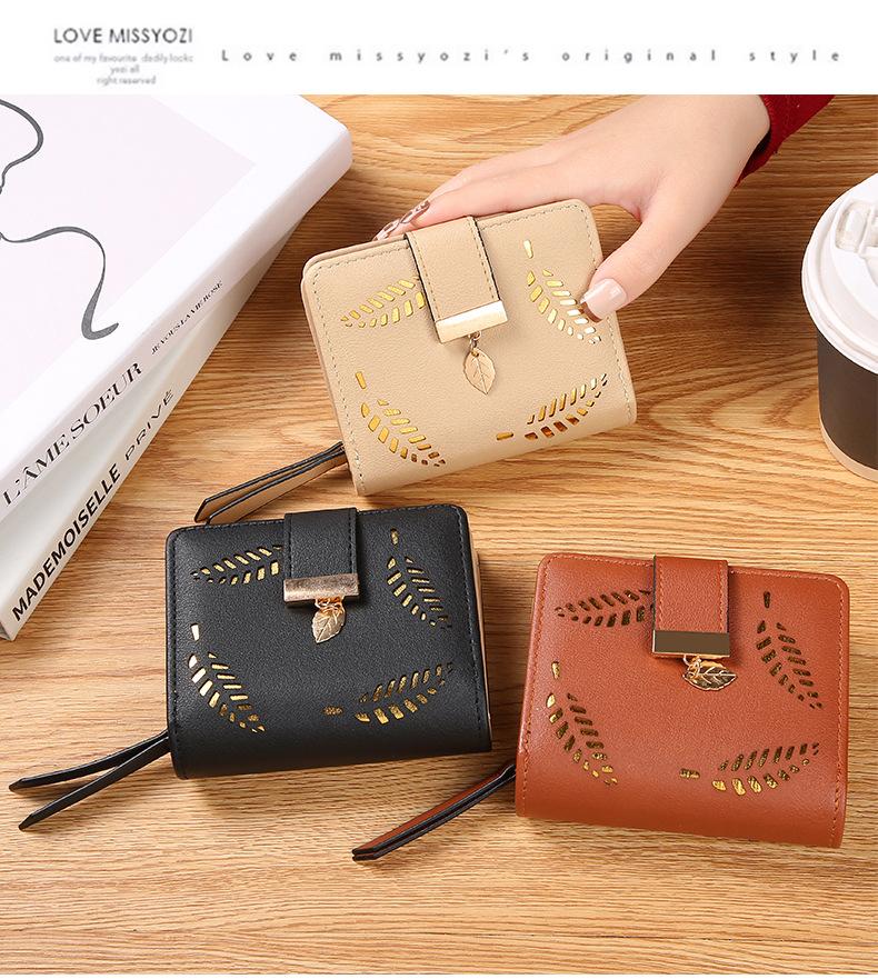 Leaf Short Wallet for Women Korean Style Hollowed Out Fashion Trend Change Zipper Card Bag PUCortical Embossed Leather Daily Matching