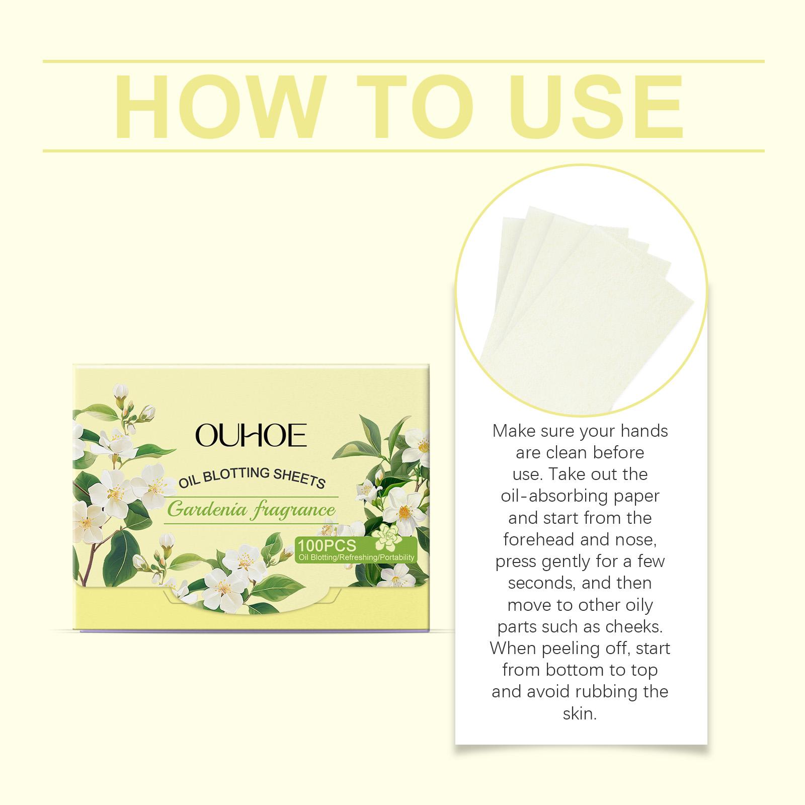 OUHOE Oil Blotting Sheets (Gardenia), Cellulose & Kaolin Dual Oil Control, Gardenia Extract Brightening + Vitamin E Antioxidant, Makeup-Friendly No Powder Removal, Soft for Oily Skin