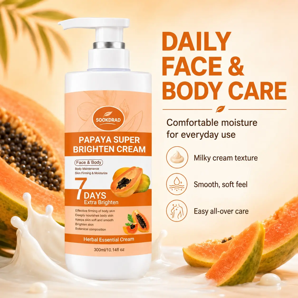 Papaya Super Brighten Cream, papaya, 7 days extra brighten, skin firming, moisturizing, brightening, face, body, botanical, herbal essential cream, 300ml/10.14fl oz