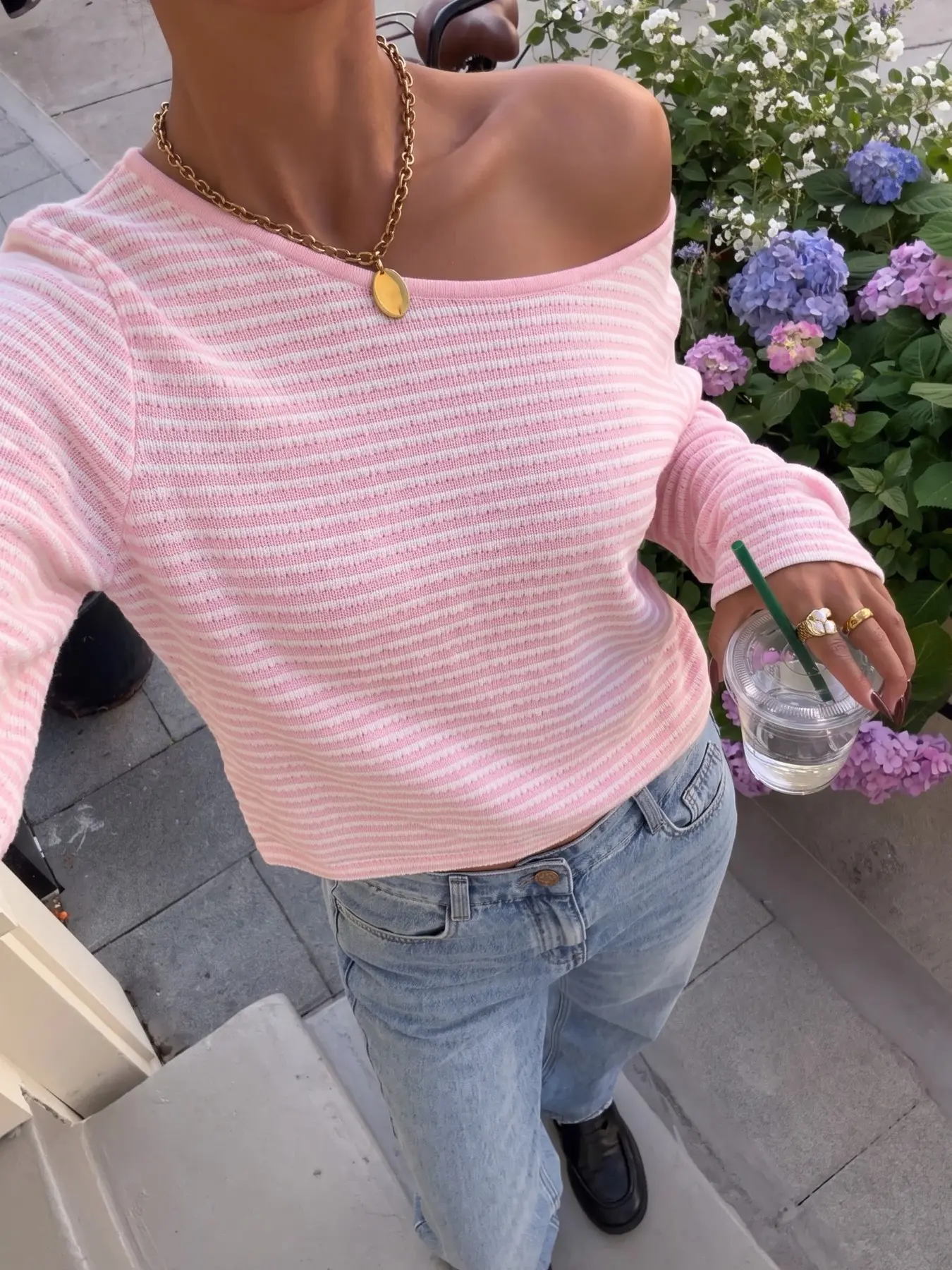 Women Pink White Striped Off Shoulder Long Sleeve Knit Top, Slant Neck Cropped Textured Knit Sweater, Soft Breathable Knitwear For Daily Dating Street Casual Chic Ladies Fashion Blouse