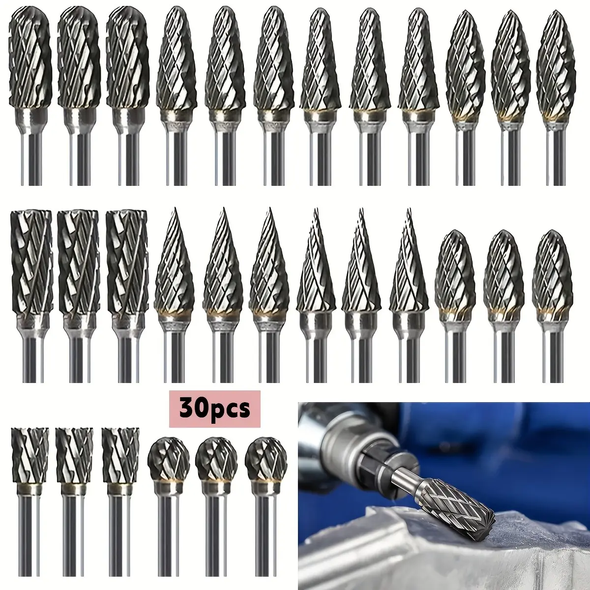 High-Quality 30-Piece Hard Alloy Single-Blade Tungsten Carbide Grinding Head Set, Durable, Non-Clogging, Ideal for Wood Carving, Metal Polishing, Plastic Drilling