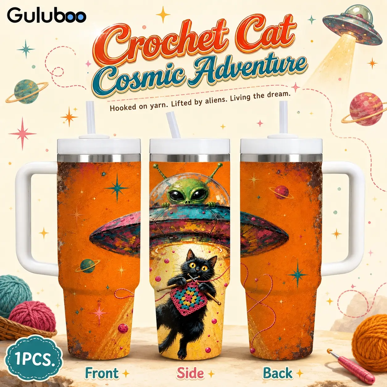 UFO Alien Crochet Black Cat Vacuum Flasks 40oz Stainless Steel Vacuum Insulated Tumbler with Handle & Straw | Long-Lasting Cold & Heat Retention, Leak-Resistant | For Iced Coffee, Water, Office, Gym & Travel