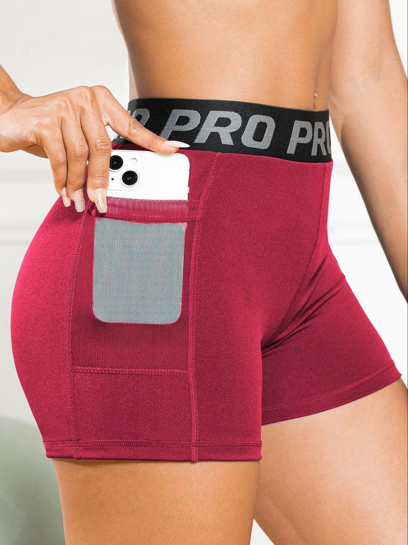 Women's Letter Tape High Waist Sheer Pocket Design Sports Gym Shorts, Casual Breathable Quick Drying Skinny Shorts, Biker Shorts, Ladies Sportswear for Indoor Outdoor Wear, Fall Outfits, Fallfreshness, Gym Clothing, Side Pocket Shorts