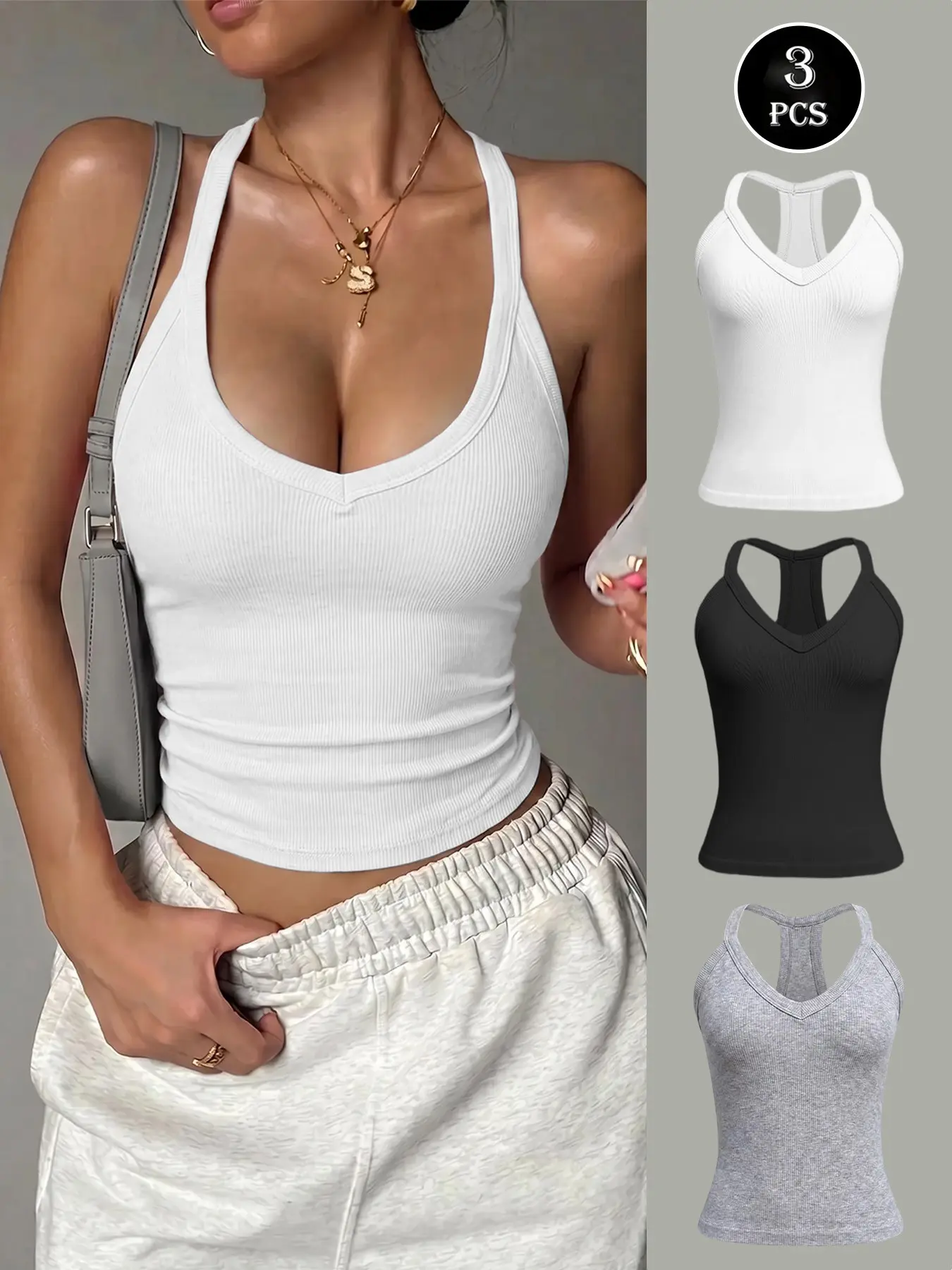 Y2K Ribbed Halter Neck Tank Top, Sexy Deep V Backless Crop Top, Sleeveless Fitted Sporty Style, Solid Color for Layering